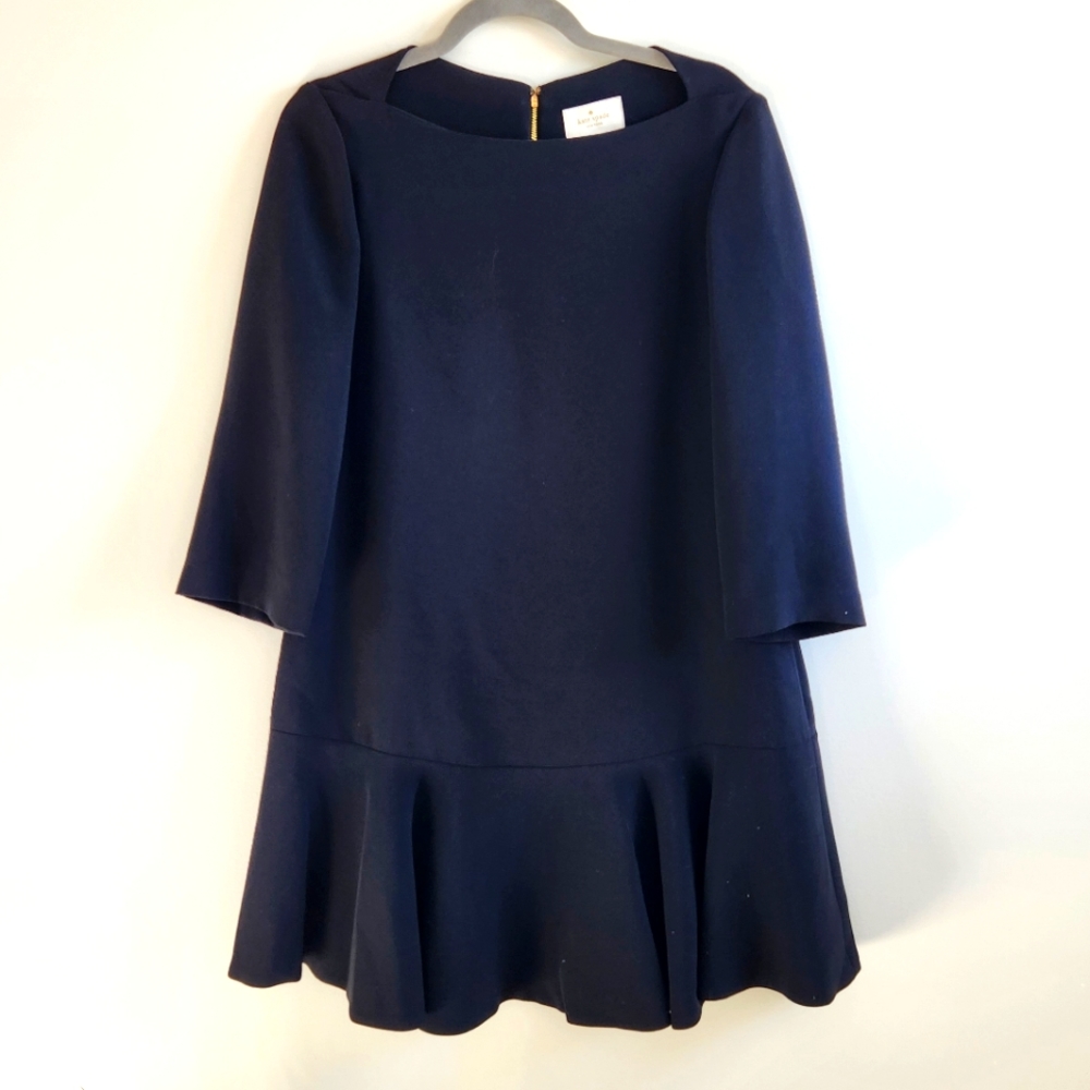Kate Spade Black Sleeved Shift Dress Ruffle Hem Size 10